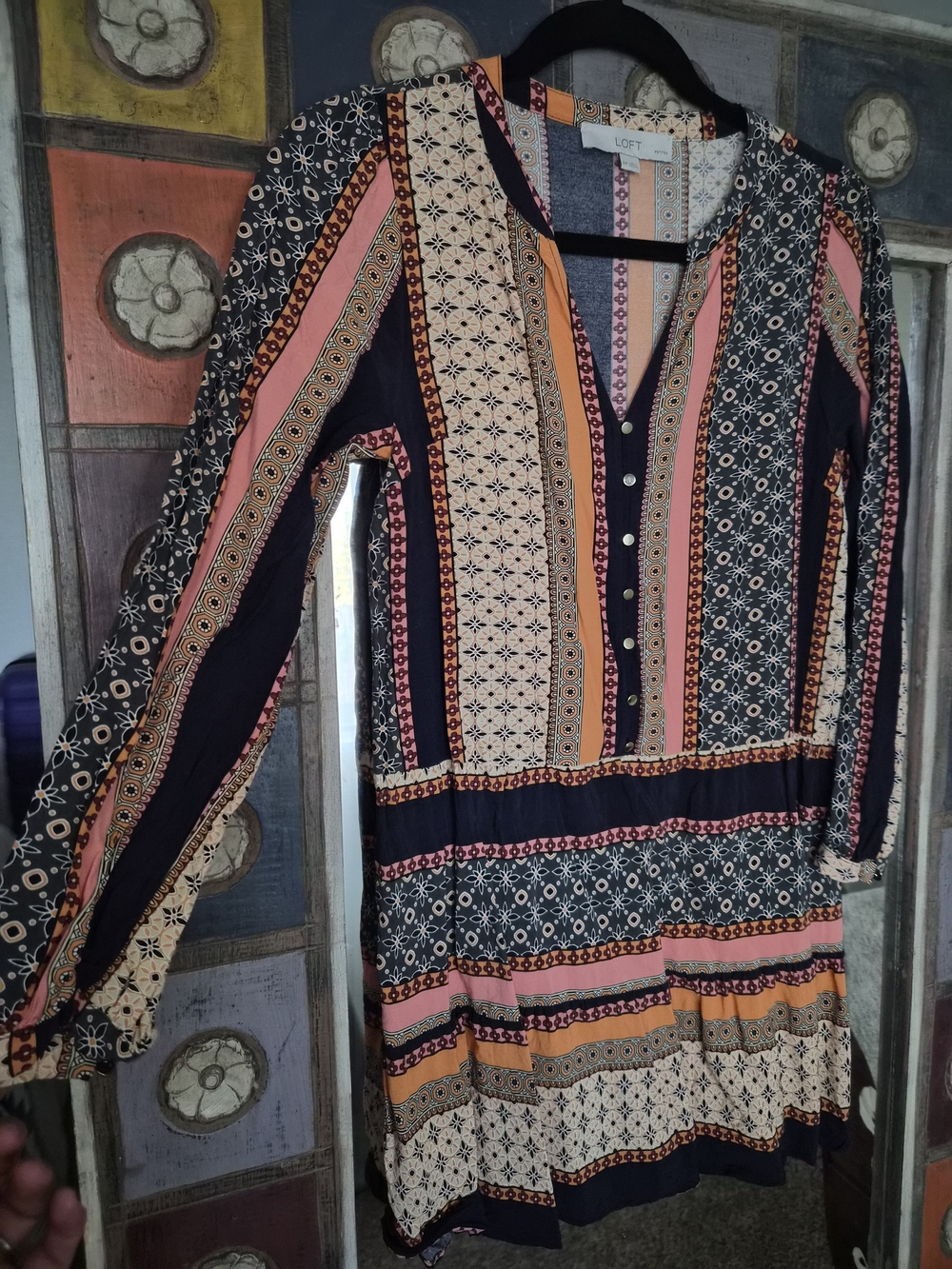 LOFT Navy, Coral & Cream Mixed-Print Long-Sleeve Dress